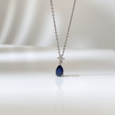 1 Carat Pear Blue Sapphire Pendant With Princess Diamond 18K Solid Gold With Certificate