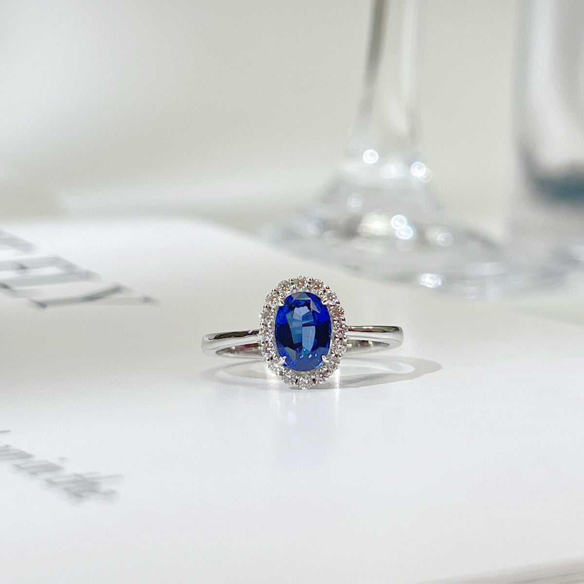 princess diana inspired halo Blue sapphire ring 18K solid gold