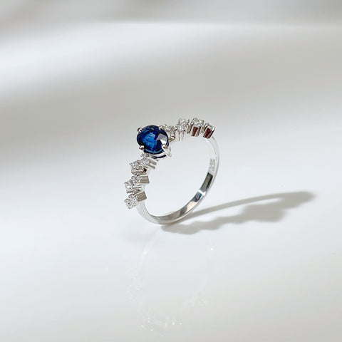 1 Carat Blue Sapphire Ring With 0.24 Carat Two-line Diamond Accents 18K solid gold