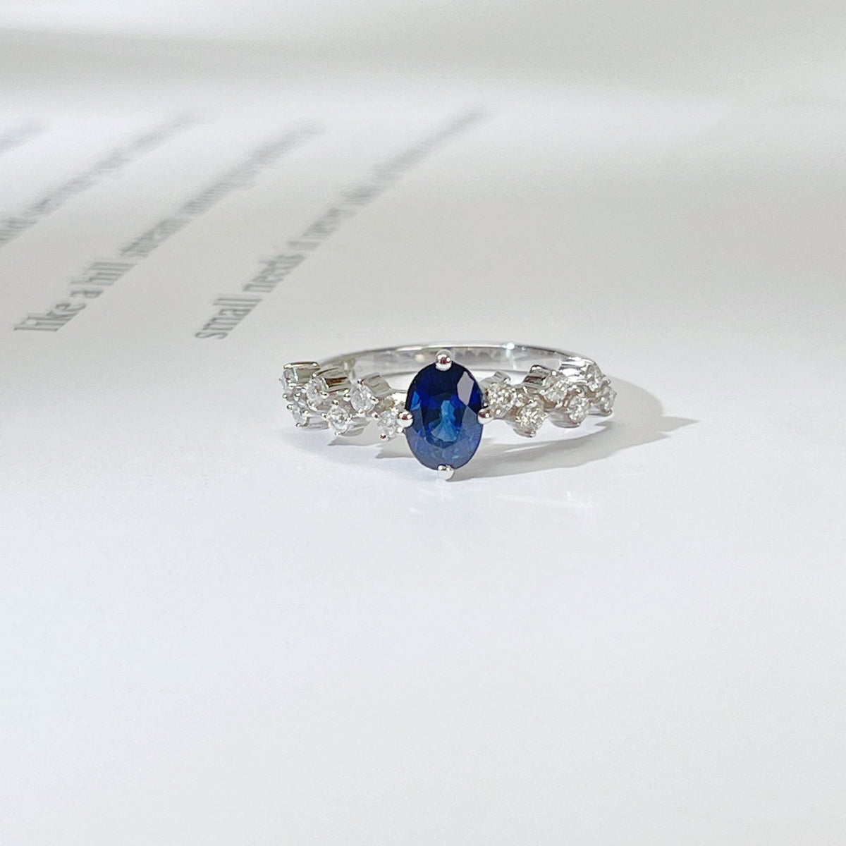 1 Carat Blue Sapphire Ring With 0.24 Carat Two-line Diamond Accents 18K solid gold