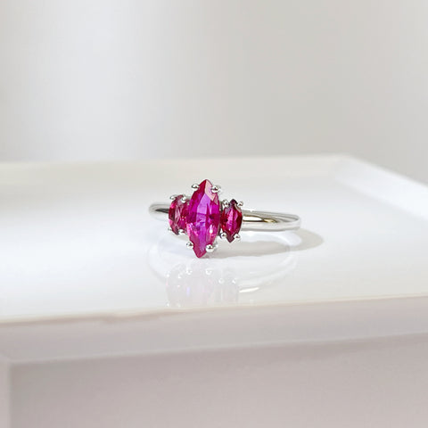 Three Stone Marquise Ruby Ring 18K solid gold AIGS Certificate