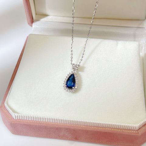 Pear Elegant halo Natural Blue Sapphire Necklace