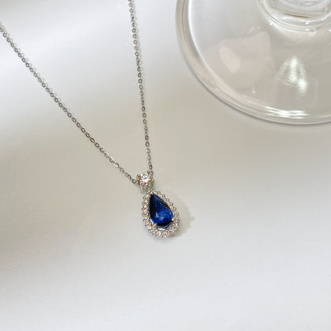 Pear Elegant halo Natural Blue Sapphire Necklace