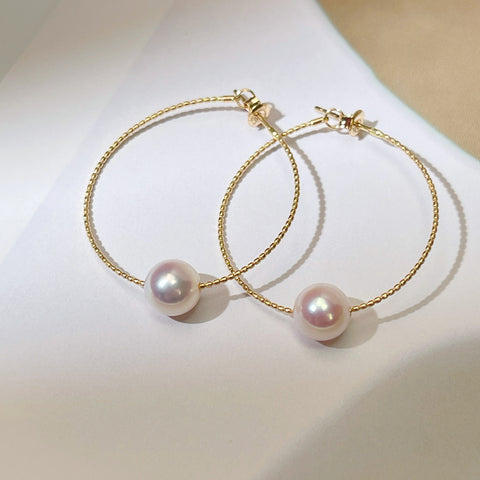 Hoop Akoya Pearl Earrings in 18K Gold 7-7.5MM