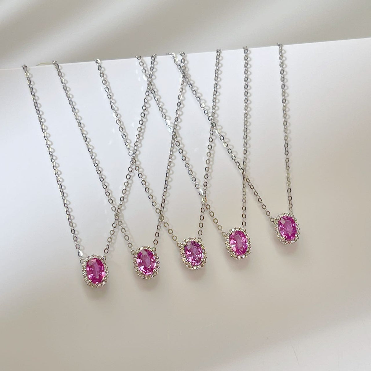 little light Pink Sapphire halo necklace 18K solid gold SRI LANKA