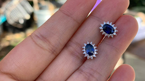 Princess Diana  Blue Sapphire Earrings 18K solid gold and Halo Diamond with Certificate